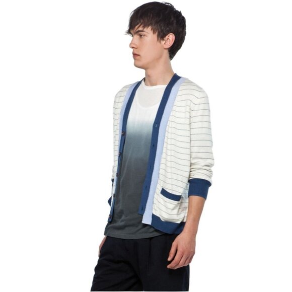 Wendi Reed Men's Cashmere Cotton Cardigan Sweater 1 S Stripe Button V-Neck - Picture 2 of 16